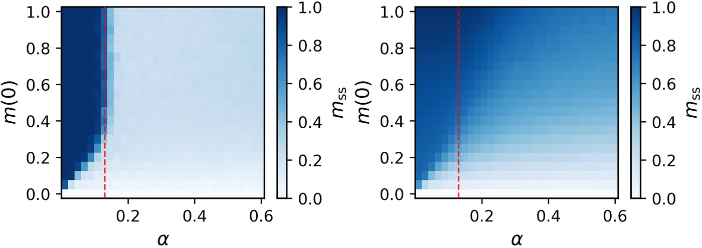 Steady-state overlap against memory load α and initial overlap m(0), without (left) and with (right) neuropeptide modulation; the dashed line marks the Hopfield capacity (Goto et al., PNAS, in press).